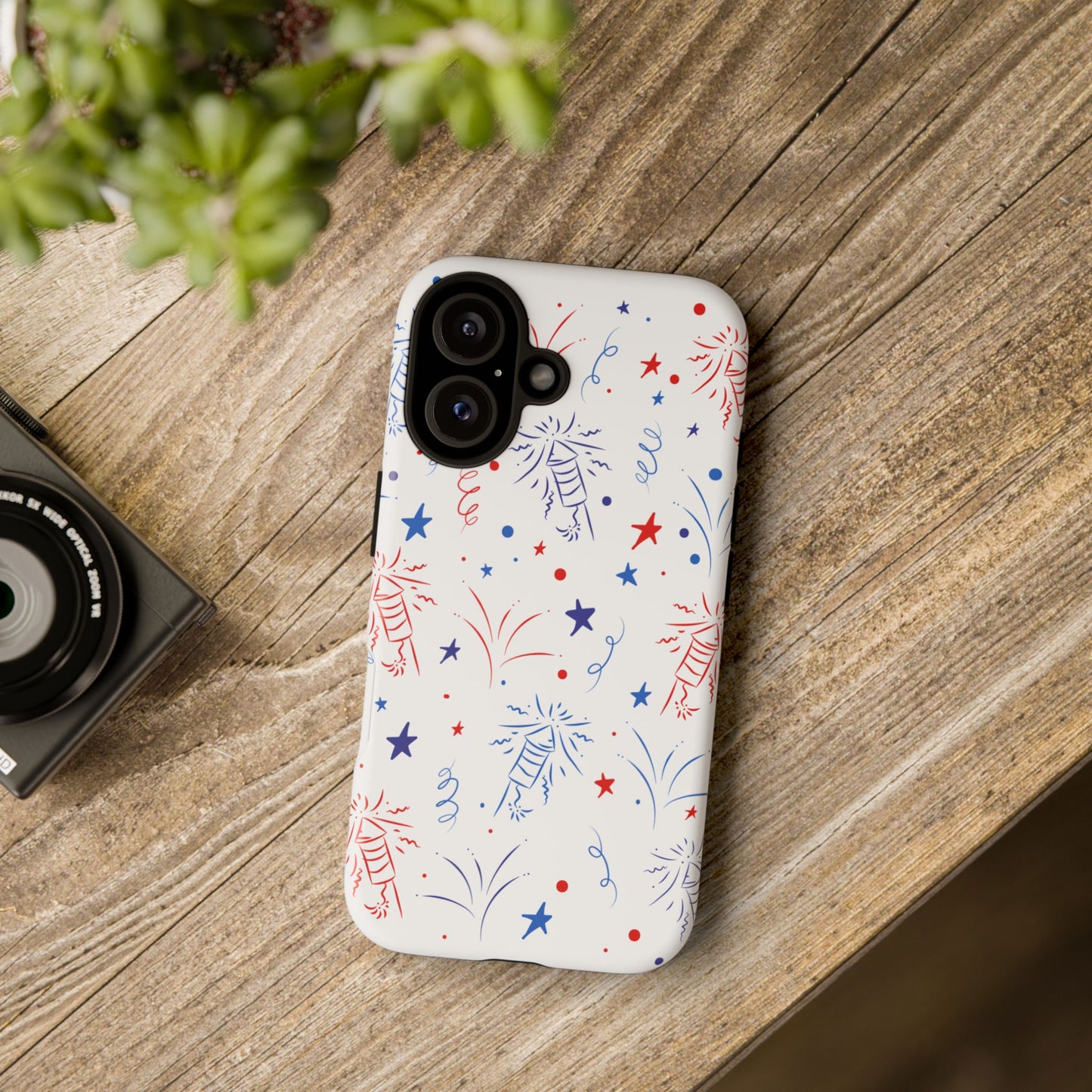 Patriotic Fireworks Tough Phone Case — Red, White & Blue Star Confetti Design