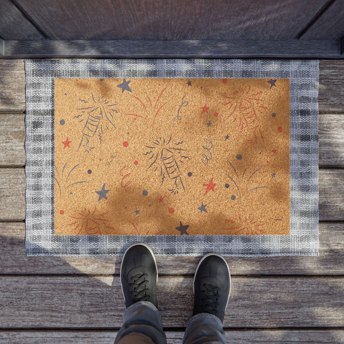 Patriotic Fireworks Doormat — Red White Blue Star Welcome Mat
